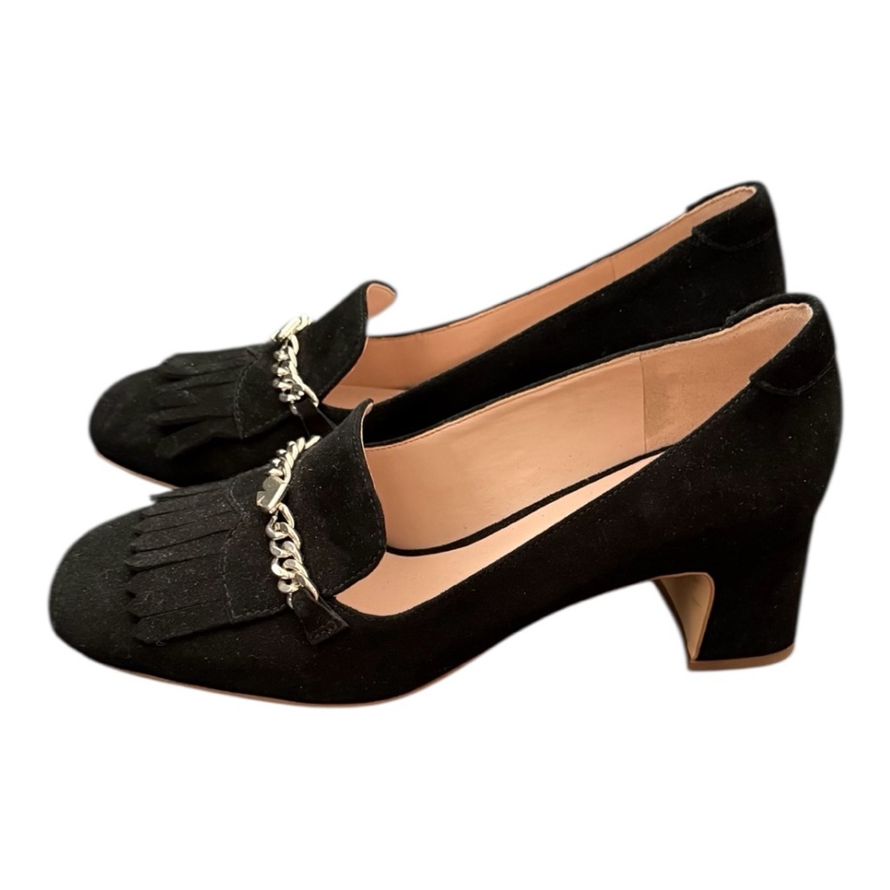 Kate Spade Molly | Kate Spade Black Suede Fringe Block Pump with Chain Detail
